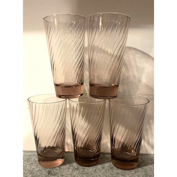 Set of 5 Vintage Libbey Pink/Purplish Swirl Design Tumblers  5"  #2253 - Picture 2 of 4